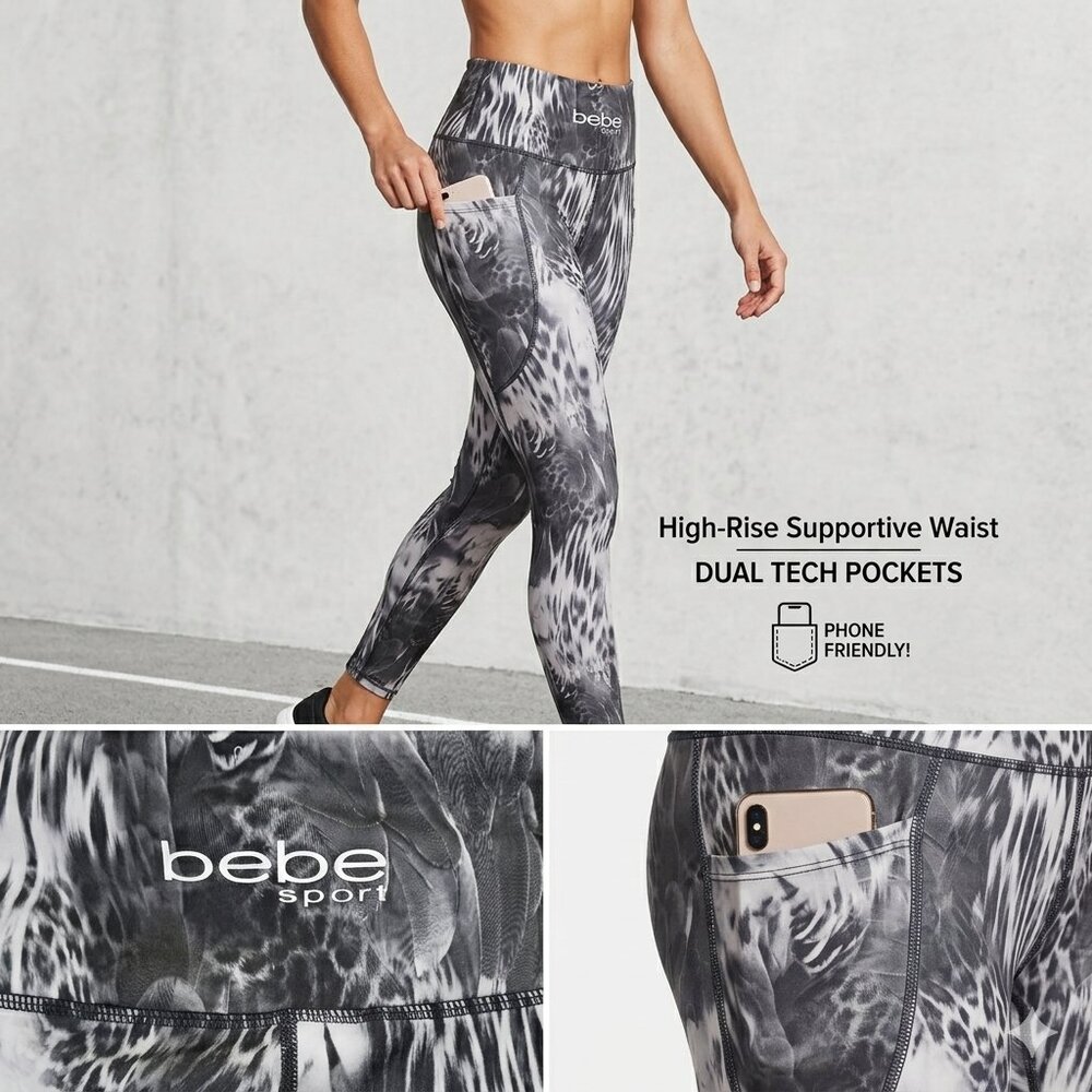 Bebe Sport High Waisted Tech Pocket Leggings Animal Print Athletic